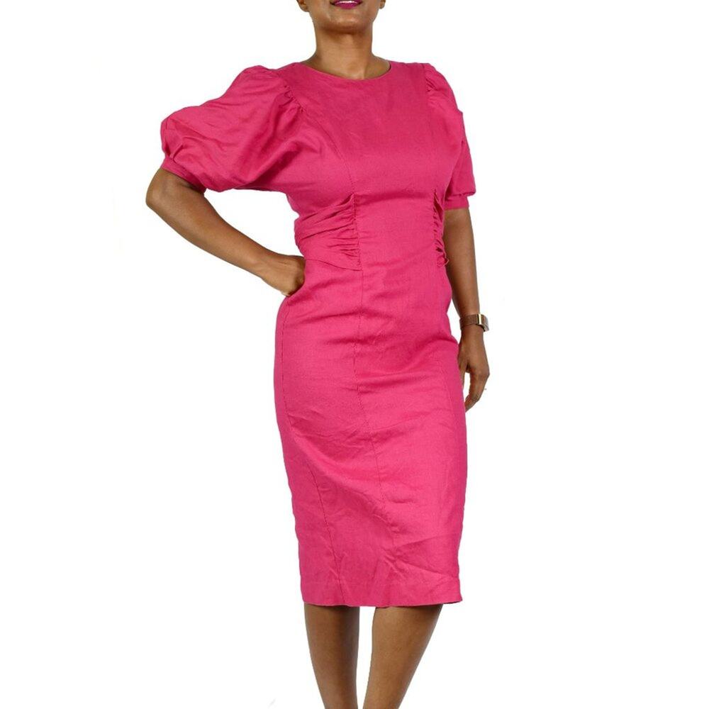 Vintage Ciro Pink Linen Dress Puff Sleeve Back Buttons Architectural 90s XS 2 - Picture 8 of 15